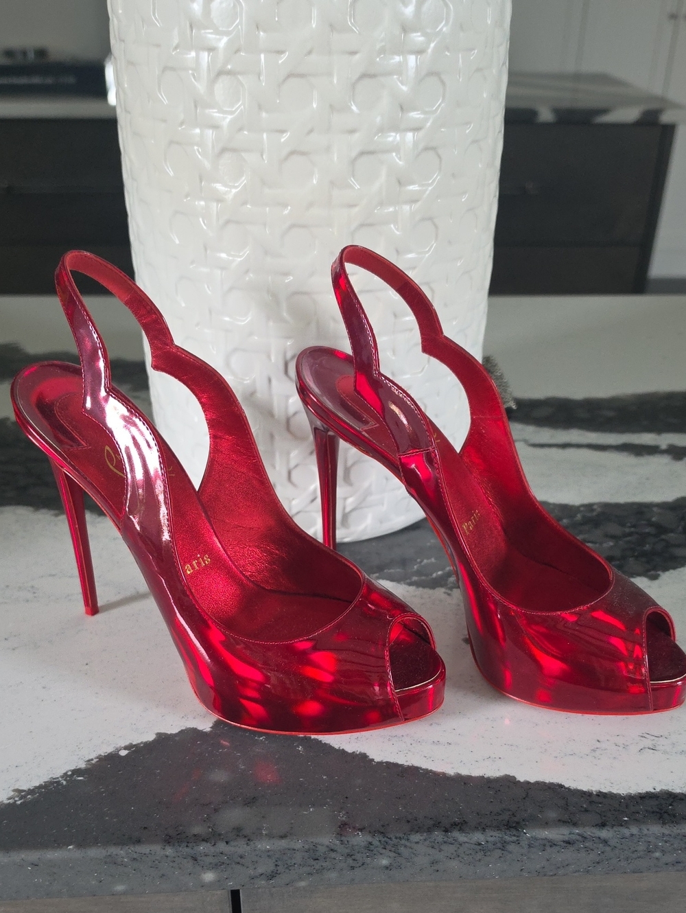 Christian Louboutin Red Metallic Peep-Toe Slingback Stiletto Heels